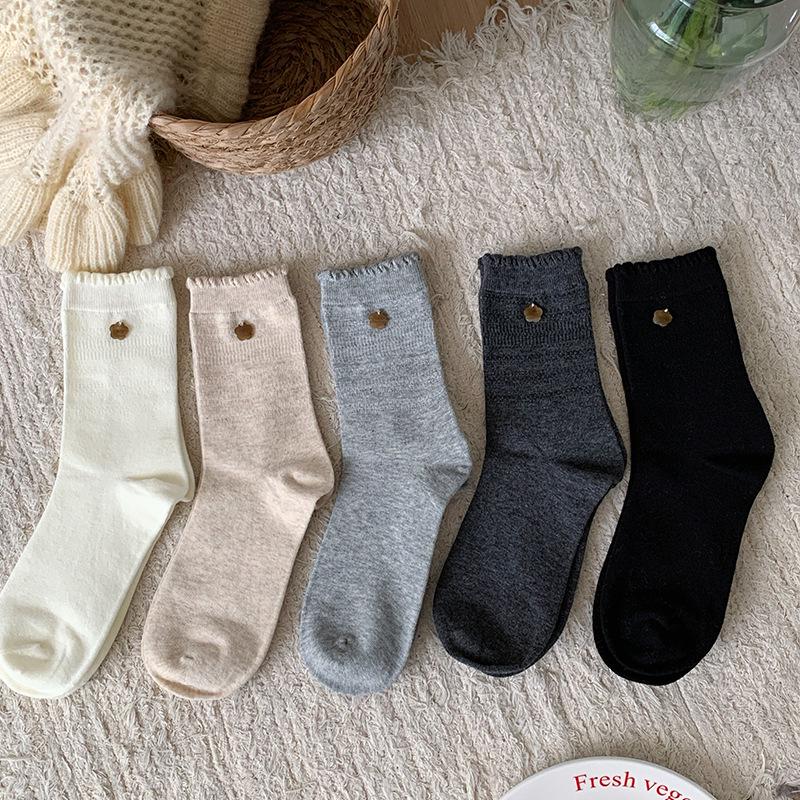 Women's Mid-Calf Lace Cotton Socks - Little Flower Shell Button, Boneless, Versatile Korean Style for Autumn and Winter