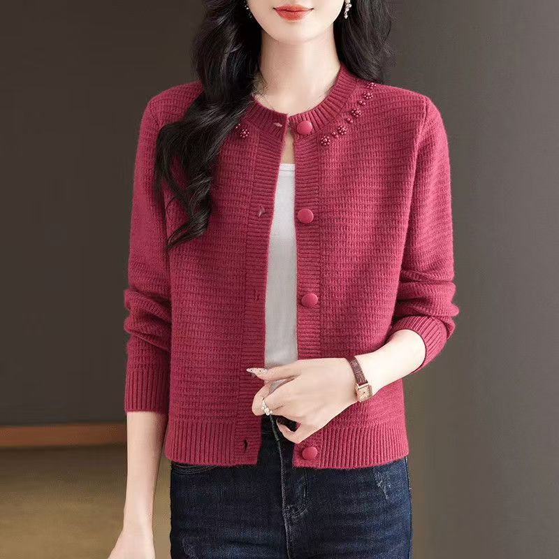 Spring and Autumn  Women's Knitted Cardigan Round Neck Short Sweater Coat Loose Knitted Shirt