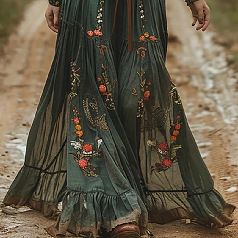Women's Long Sleeve Maxi Dress Collar Buttons Retro Floral Print Pleated Boho Long Dress