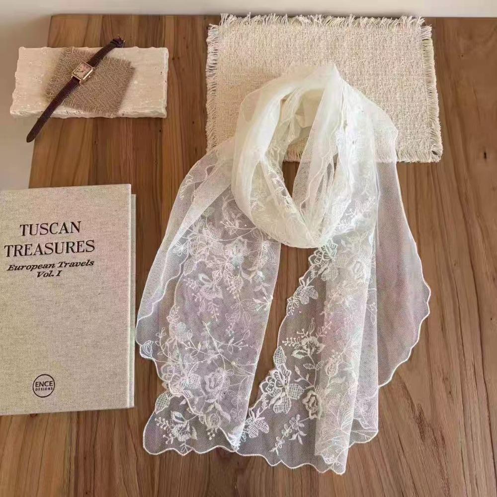 

Literary Retro Women s Lace Scarf Korean Version Solid Color Sunscreen Shawl Pearl embellishment Long Female Headscarf белый