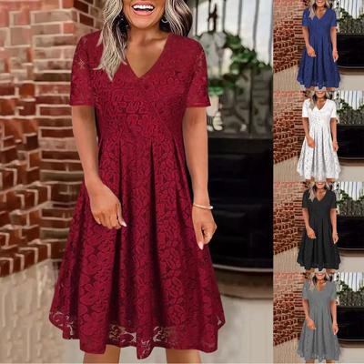 Women's Lace Dress Solid Color Short Sleeve V-Neck Waistband Large Swing Zipper Dress
