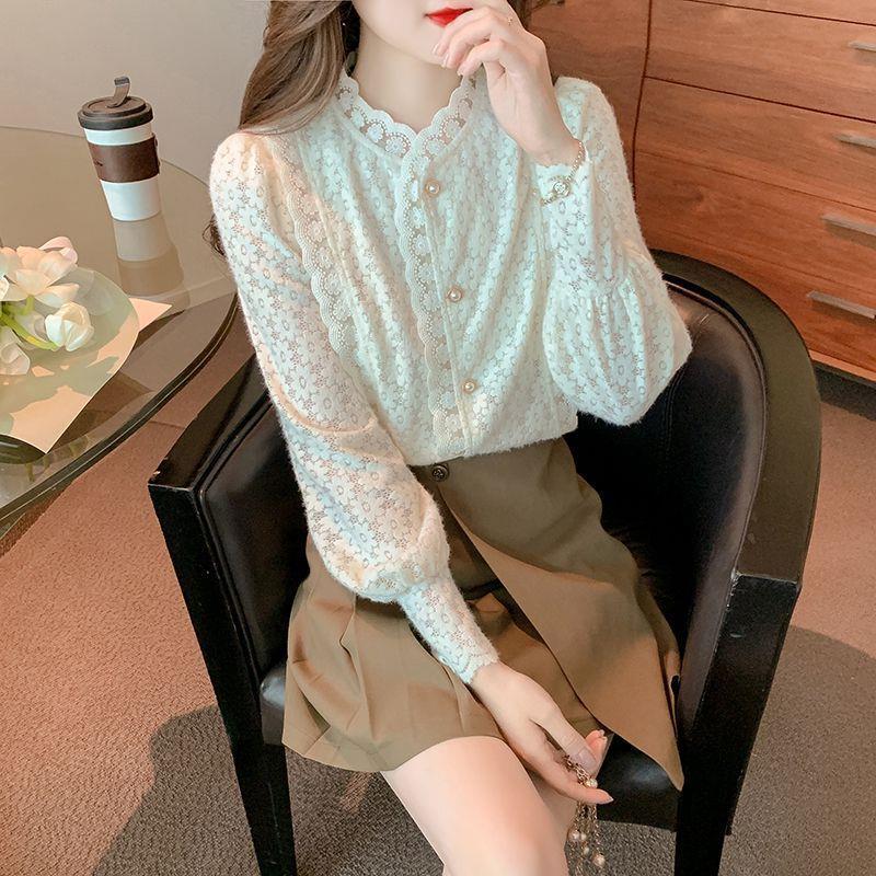 Women's Plush Lace Long-Sleeve Shirt - Stylish and Warm Autumn/Winter 2024 Top