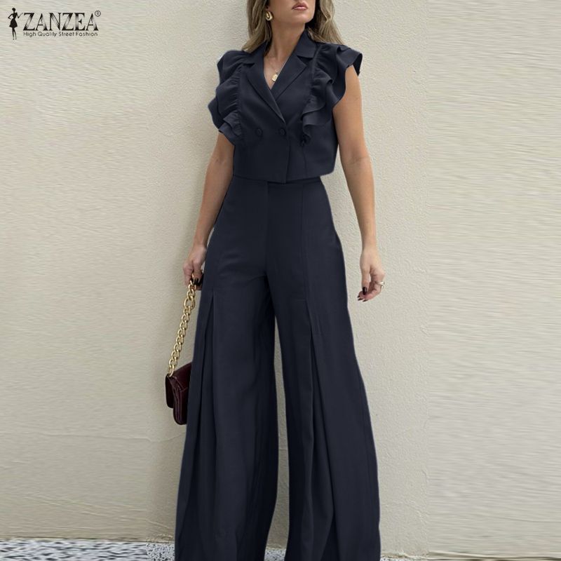 ZANZEA Women Ruffles Sleeveless Blouse With Wide Leg Pants Casual Two Piece Sets