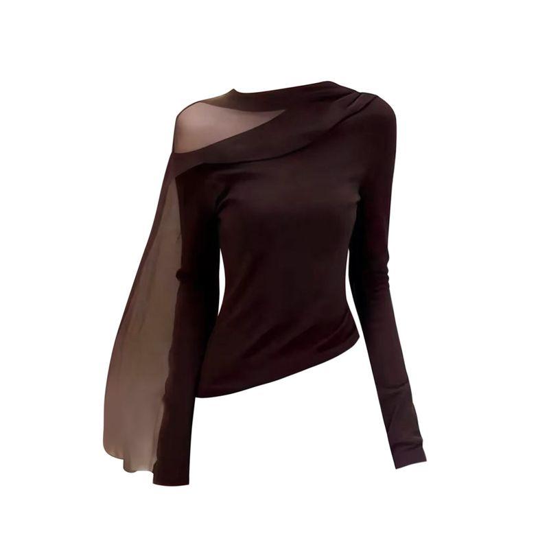 

Vintage Melard Diagonal Neck Off-Shoulder Mesh Ribbon T-Shirt for Women, Spring Style, Stylish and Slim-Fit Base Top Curry color S