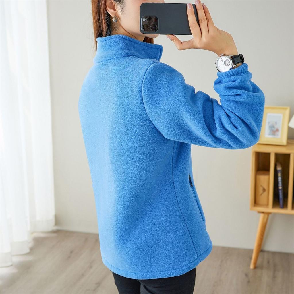 Dámská ležérní bunda z polárního fleecu na podzim a zimu, fleecový zateplený kardigan se stojáčkem, sportovní outdoorový teplý svetr