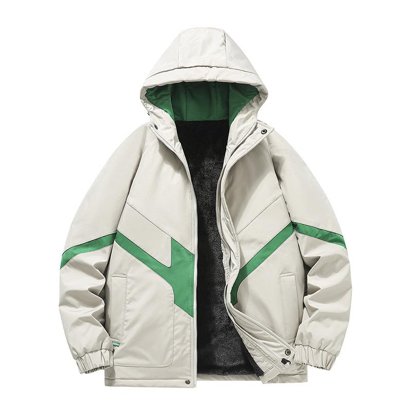 Trendy Brand Fashion Color Block Jacket Men's Winter New Youth Loose Hooded Top Plus Velvet Cotton Coat Men's Clothing