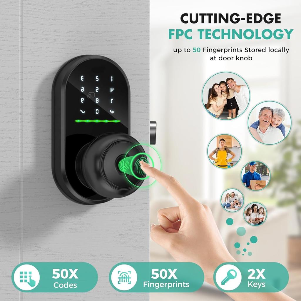 Tastatur Smart Türschloss mit Knauf, Schlüsselloses Eingangstürschloss, Fingerabdruck Türknauf für Haustür, Elektronischer Code, App-Fernsteuerung, Einfach
