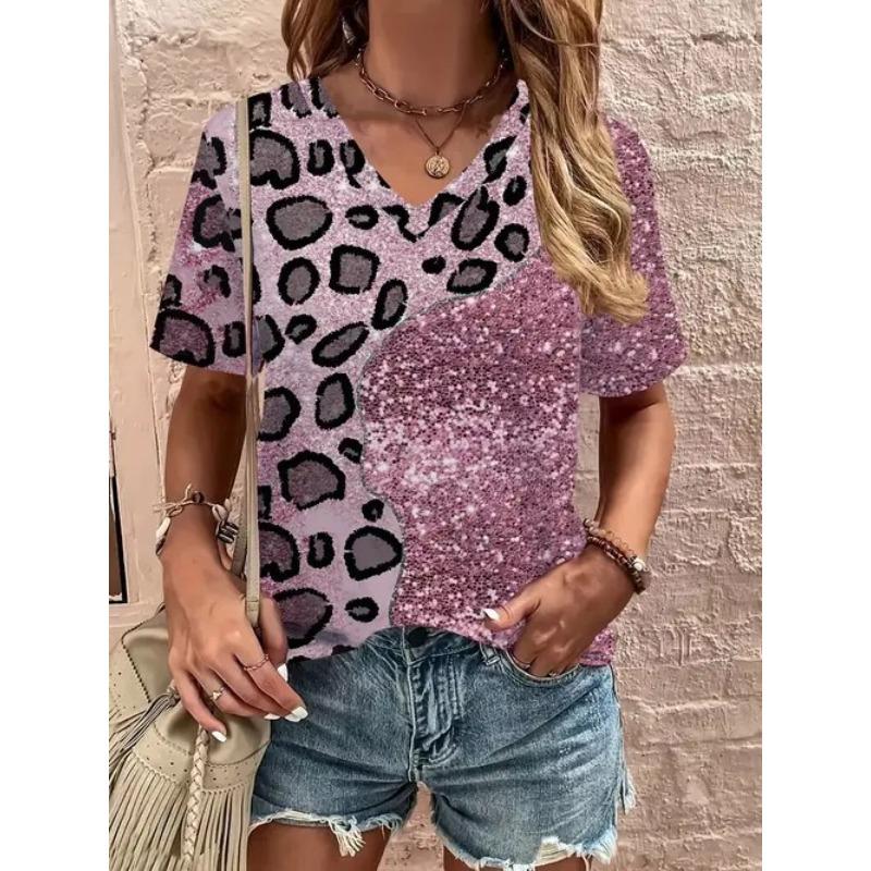 

Summer V-neck 3D Leopard Print Pattern Printed Top Fashionable Casual Short Sleeved Women s T-shirts 5XL