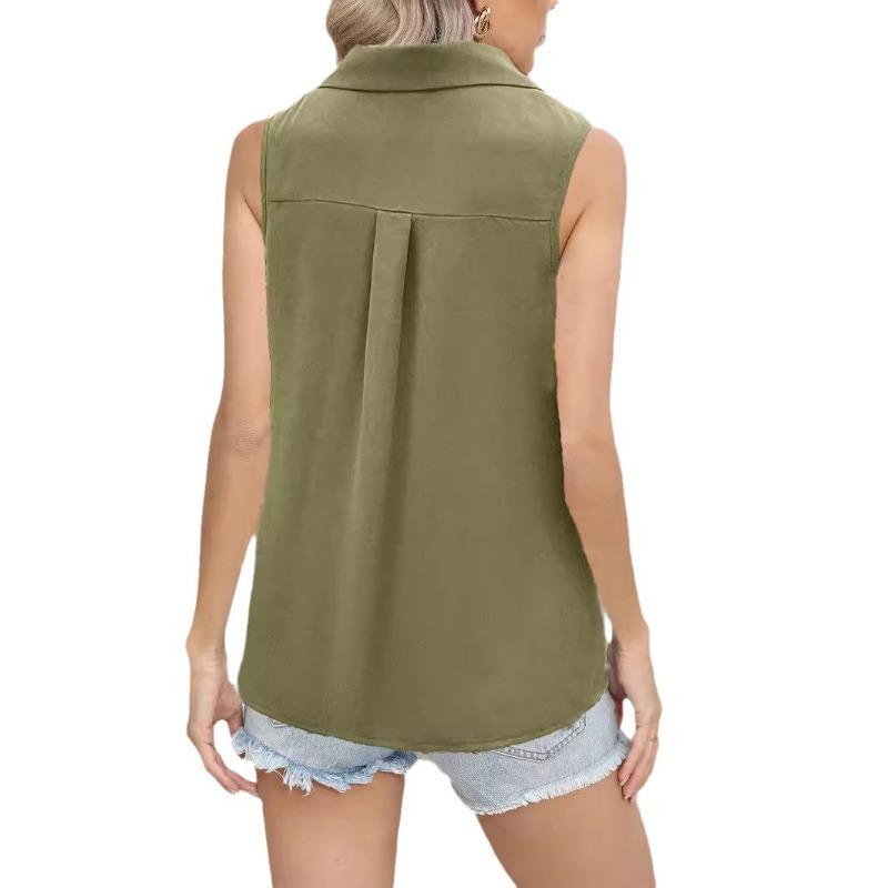 Women Summer New Style Solid Color V Neck Loose Chiffon Shirt Sleeveless Button Down Vest Blouse