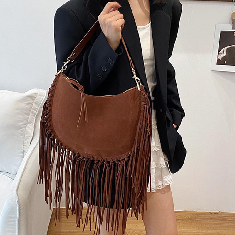 2025 New Fashion High Quality Women Faux Suede Tassel Shoulder Bags Bohemian Style Large Capacity Handbags Versatile Tote Bags