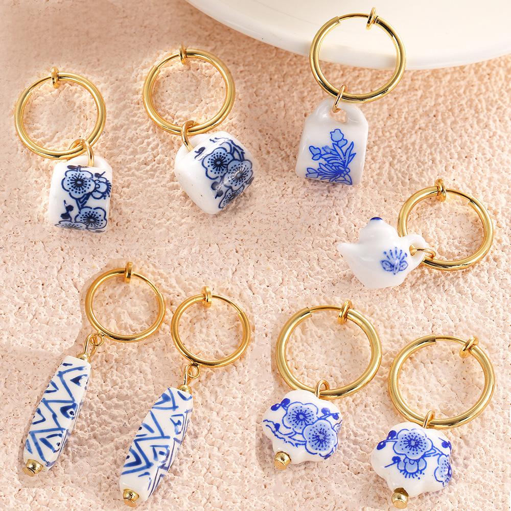 Chinese Style Hand Painted Ceramic Beads Earrings Pentagram Teapot Cup Shape Drop Earrings for Women Classic Designed Jewelry
