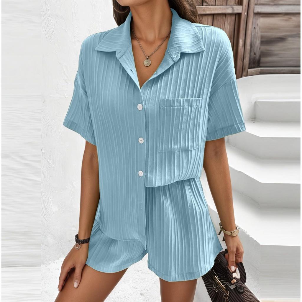 2 Piece Sets For Women T-shirt Shorts Outfits Fashion Sexy Summer Short Sleeve Pleated Midriff Suit