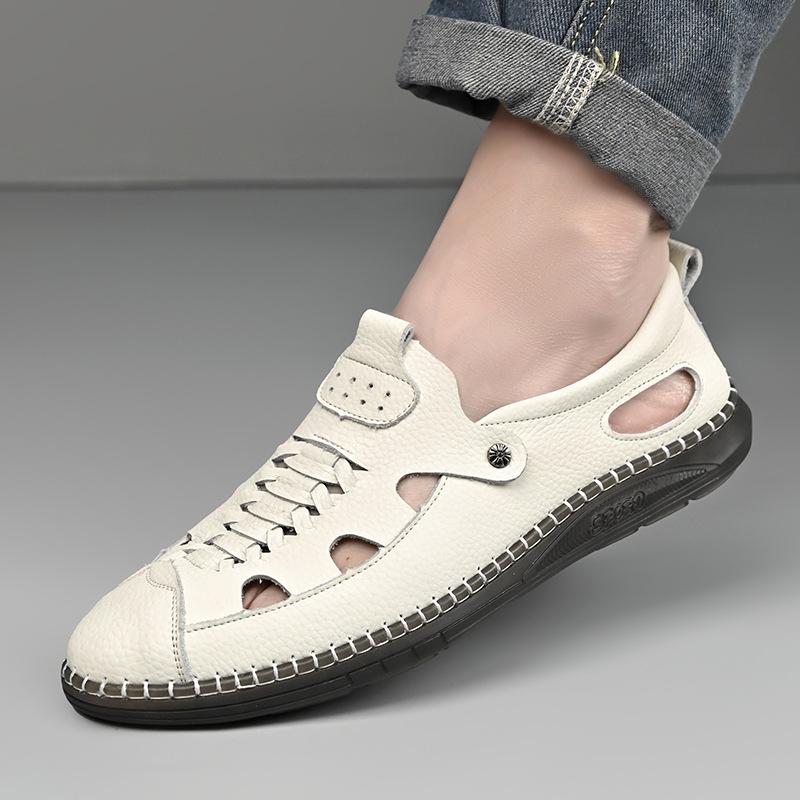 Summer Shoes Men Sandals Genuine Leather Flat Non-slip Holiday Soft Summer Male Footwear Black Beige
