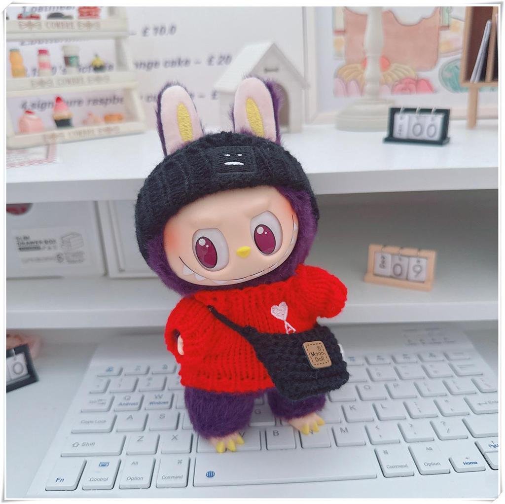 17cm Labubu Doll Clothes Set: Heart Sweater, Hat, Crossbody Bag - First & Second Generation.