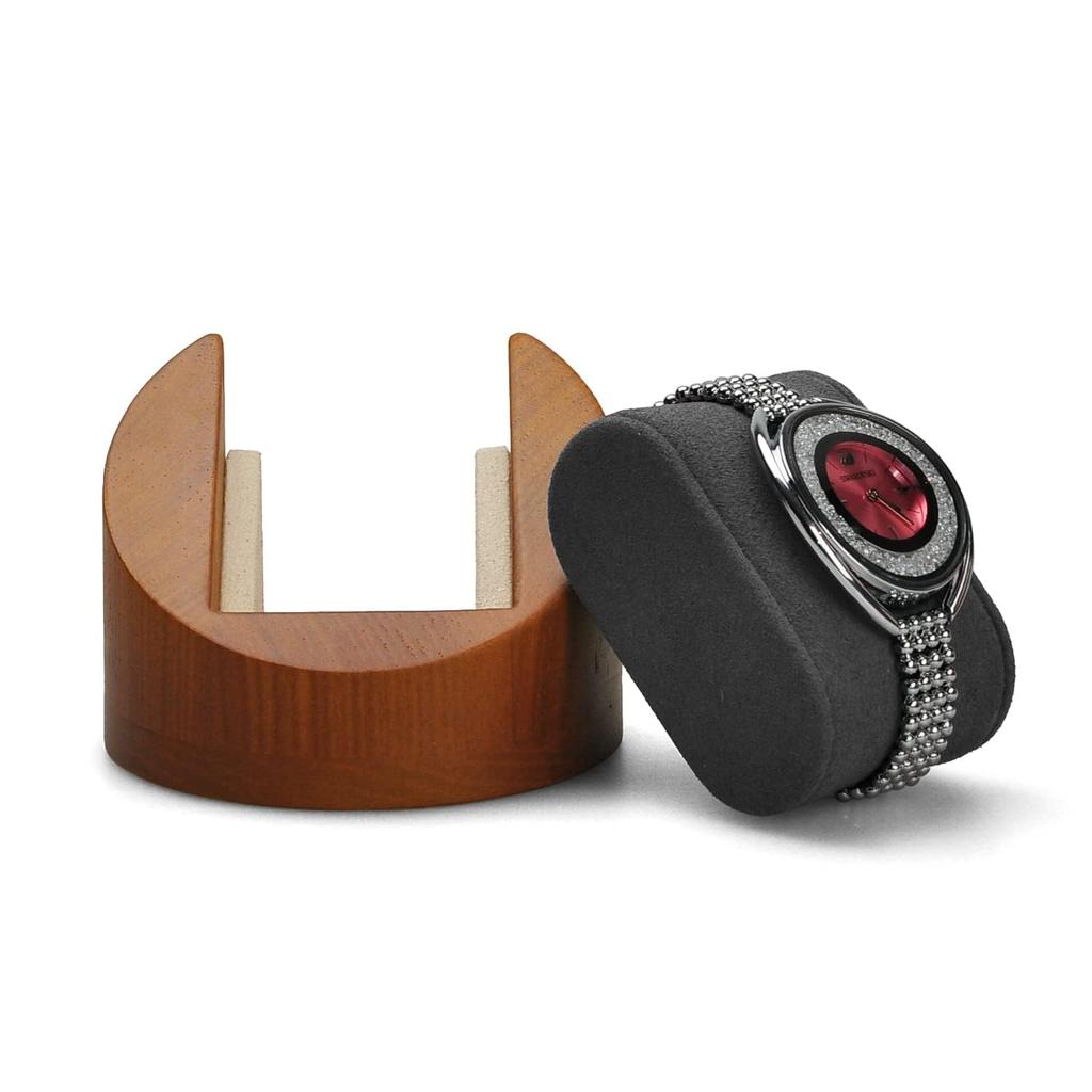 Woodten Wooden Watch Stand Dark Gray Compact Microfiber Cushion Natural Wood Soft Display
