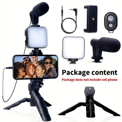 Tripod Phone Holder Smartphone Vlogging Kit Mini Microphone LED Fill Light For Meeting Live Broadcast Vlogs Videos Short Video