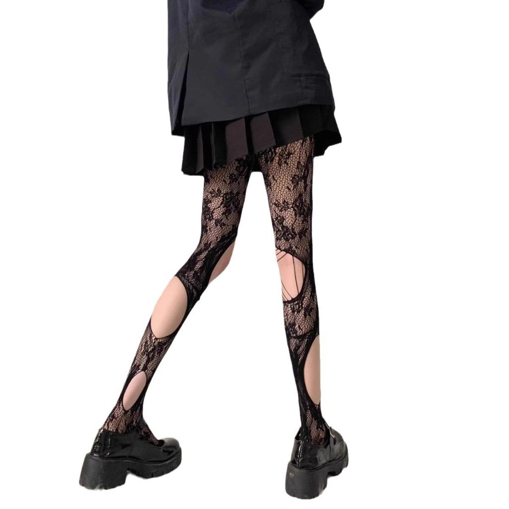 Ripped Ripped Pantyhose Hollow Fishnet Roses Millennial Babes Tide Personality Asymmetrical Design Black Silk