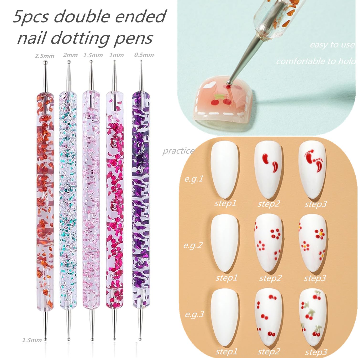 10 Pcs Nail Dotting Tools Set, 5 Pcs Double-end Nail Dotting Pen and 5 Pcs Nail Art Painting Brushes