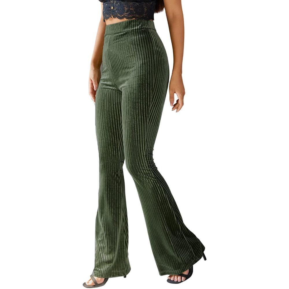 Women's High Waist Velvet Ribbed Flare Pants Slim Fit Solid Color Micro Bell Bottom Long Trousers