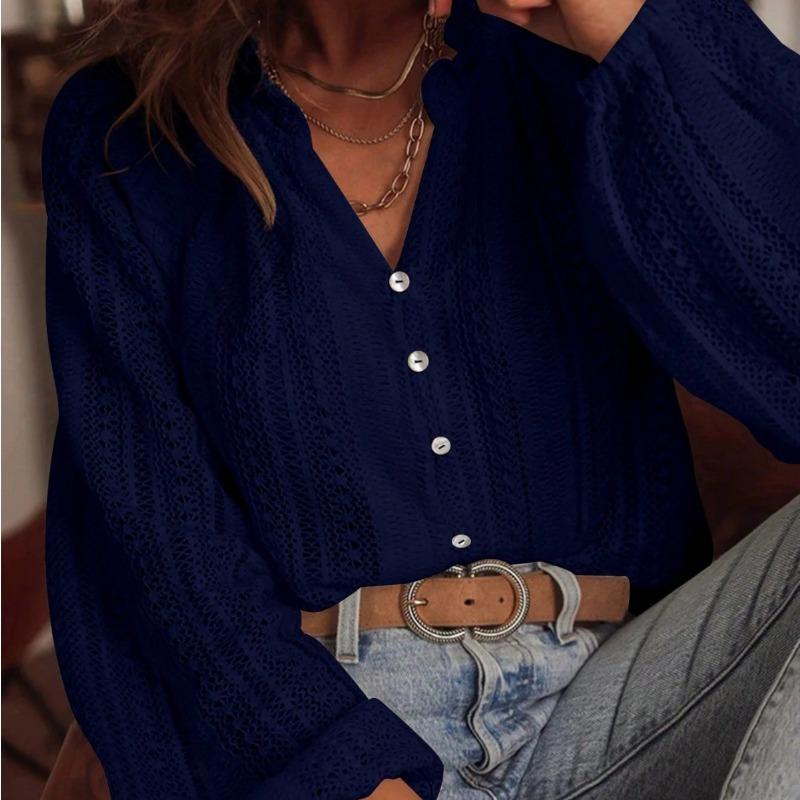 Loose Fashionable Hollow Lace V Neck Long Sleeve Shirt For Women