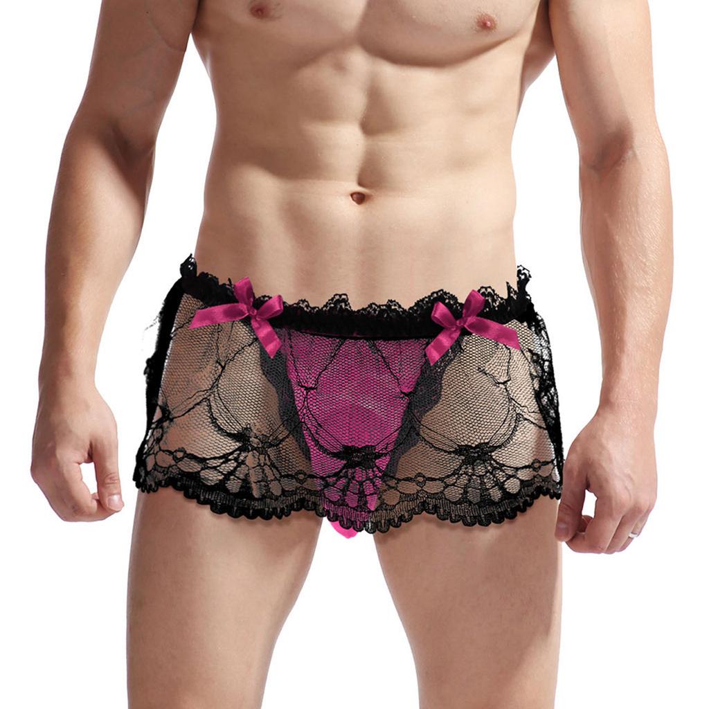 Men's Sissy Lace Skirted T-Back Frilly Bowknot Decor Crossdresser Underwear Lingerie