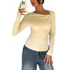 Irregular Pleated Versatile Top T-shirt Solid Color Long-sleeved Casual Style Women's Round Neck Autumn New Slim Fit