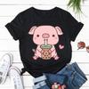Cute Harajuku Y2K Tops Clothing Pig Boba Tea Print Women Casual Tshirts Kawaii Pink Pig Tshirts Fashion Trend Tee Tops