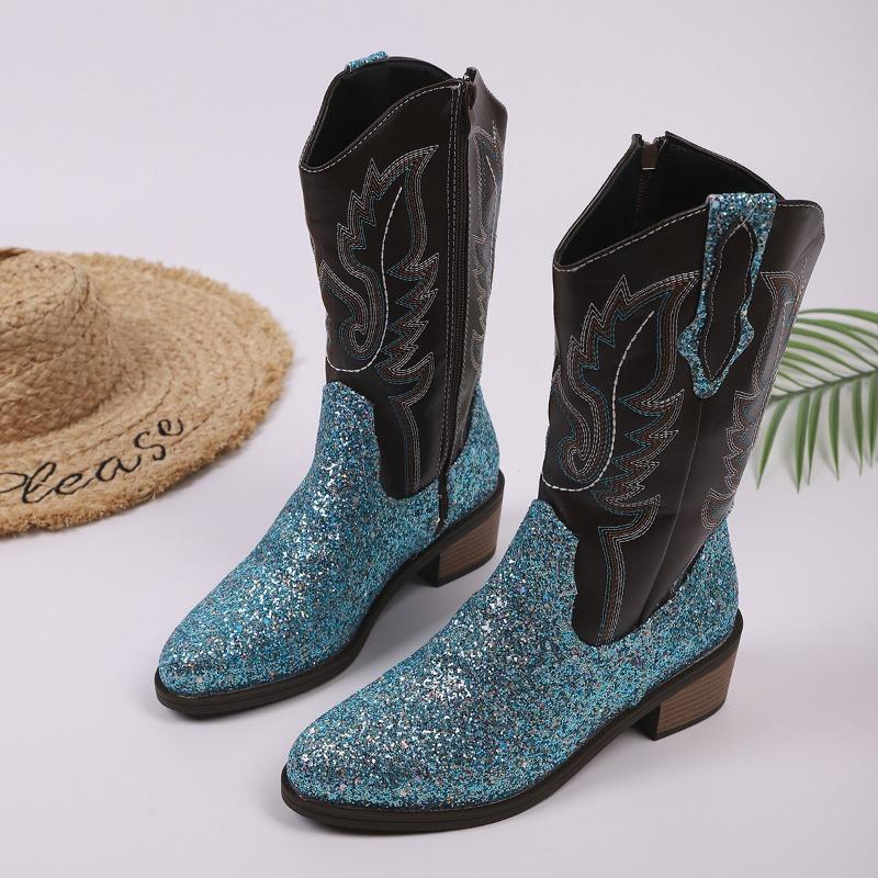 Autumn foreign trade large size retro style thick heel high boots women's cross-border embroidery color matching temperament side zipper knight boots