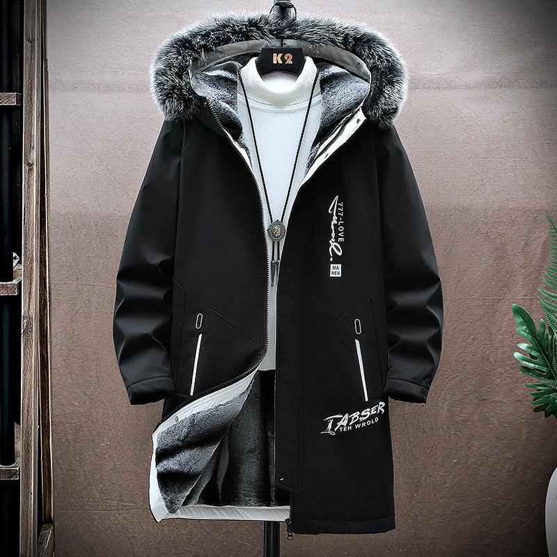 Men's Winter Fleece-Lined Hooded Mid-Length Printed Cotton Coat - Trendy & Warm Casual Jacket
