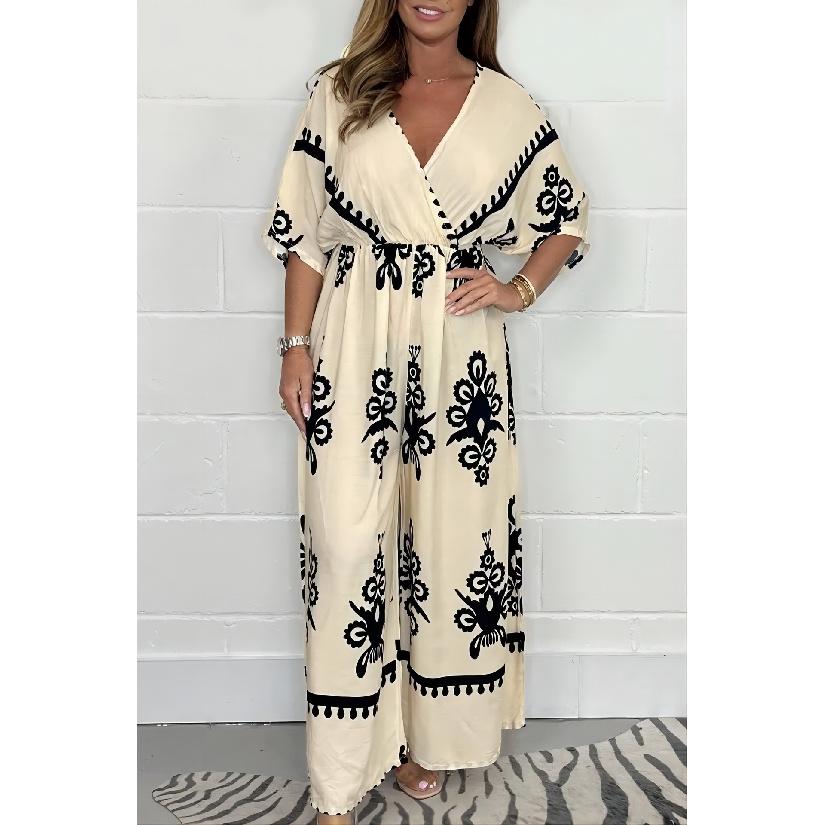 2026 Fashionable Casual Printed Women s V-neck Short Sleeve Loose Jumpsuit Plus Size Women s Dress S бежевый