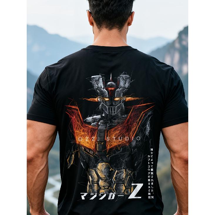 Men'S Black Mazinger Z Retro Anime Graphic Tee - Classic Japanese T-Shirt Manga Shirt Featuring Heat Transfer Print Comfortable Regular Fit Outdoor