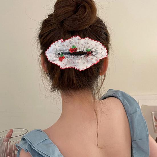 Hair Pin Strong Clamping Force Transparent Mesh Lace Clip with Cherry Decoration Half-Tied Hair Buns Side Hair Accessory