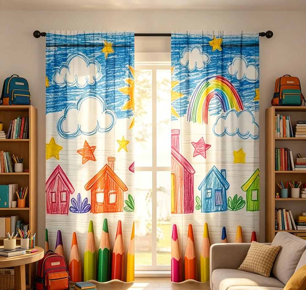 2PCS Digital Printed Curtains with Colorful Crayons Design, Stylish Window Drapes for Living Room Bedroom Home Decoration
