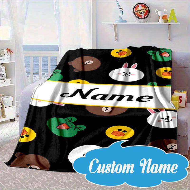 Custom Name Cute Cartoon Brown Bear Blanket bed sofa Blanket Flannel Blanket for Camping, Hiking, Picnic Essentials,gift for Fan family