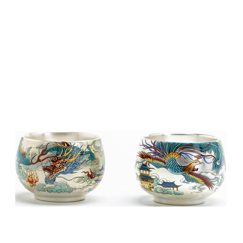 Silver Teacup 999 ******Lver Blue Dragon And Phoenix Chengxiang Master Cup Pair Cup Female Tea Cup Single Teacup Personal Cup Gift Box