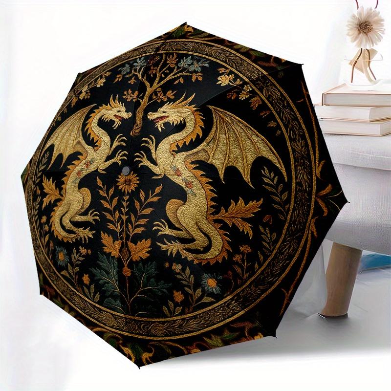 Golden Dragons and Tree of Life CircularRugUmbrella, Portable 3-Fold Compact Umbrella for Men & Women Gift