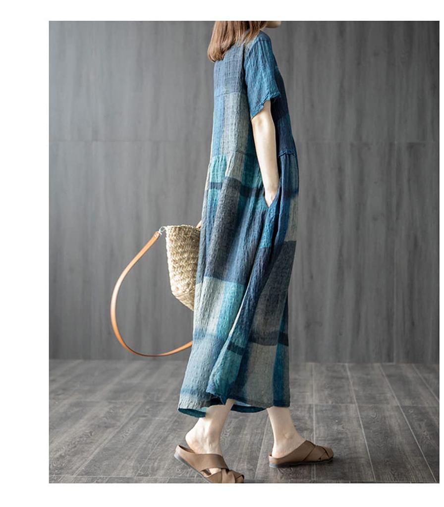 AOLIPT Long Summer Checkered Long Short Loose Plus Natural Women's Dress, Cotton-Linen Dress, Length, Sleeves, V-Neck, Fit, Sizes, Slimming, (M Blue)