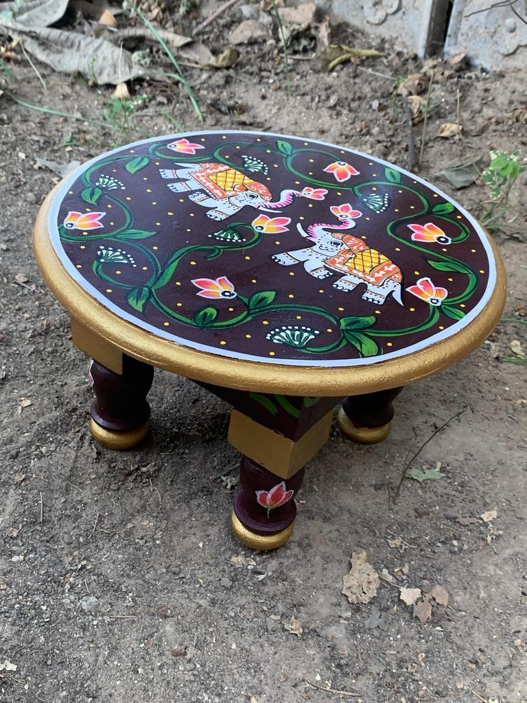 Hand Painted Wooden Chowki Bajot | Round Elephant Design Stool Table