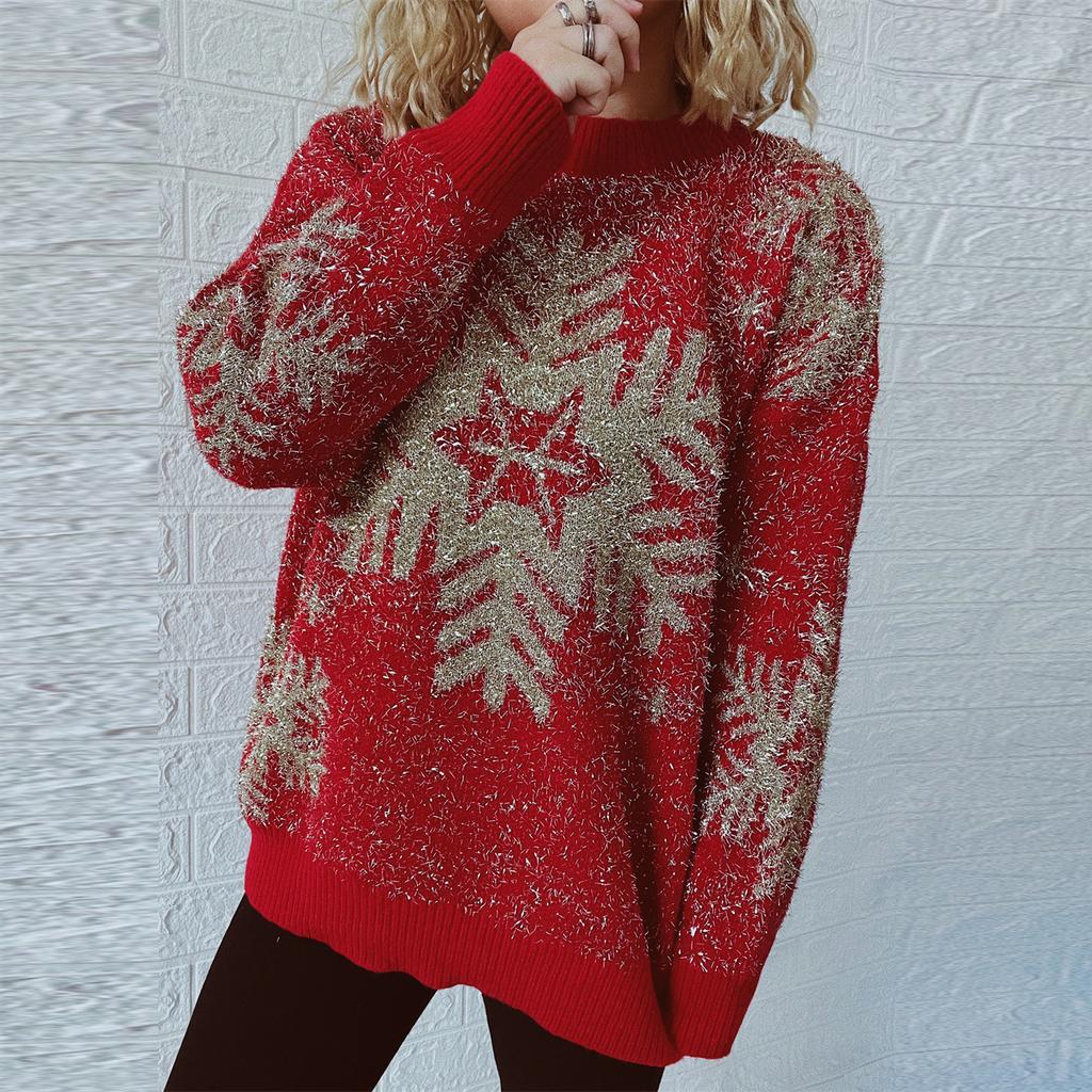 New Year holiday pullover sweater with gold thread, brushed jacquard, big snowflakes, reindeer, Christmas sweater for women 3544 KTB