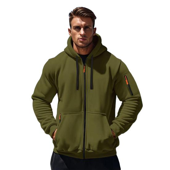 Men Coat Long Sleeve Zipper Closure Hooded Sweatshirt with Large Pockets Solid Color Velvet Thickened Warm Outerwear