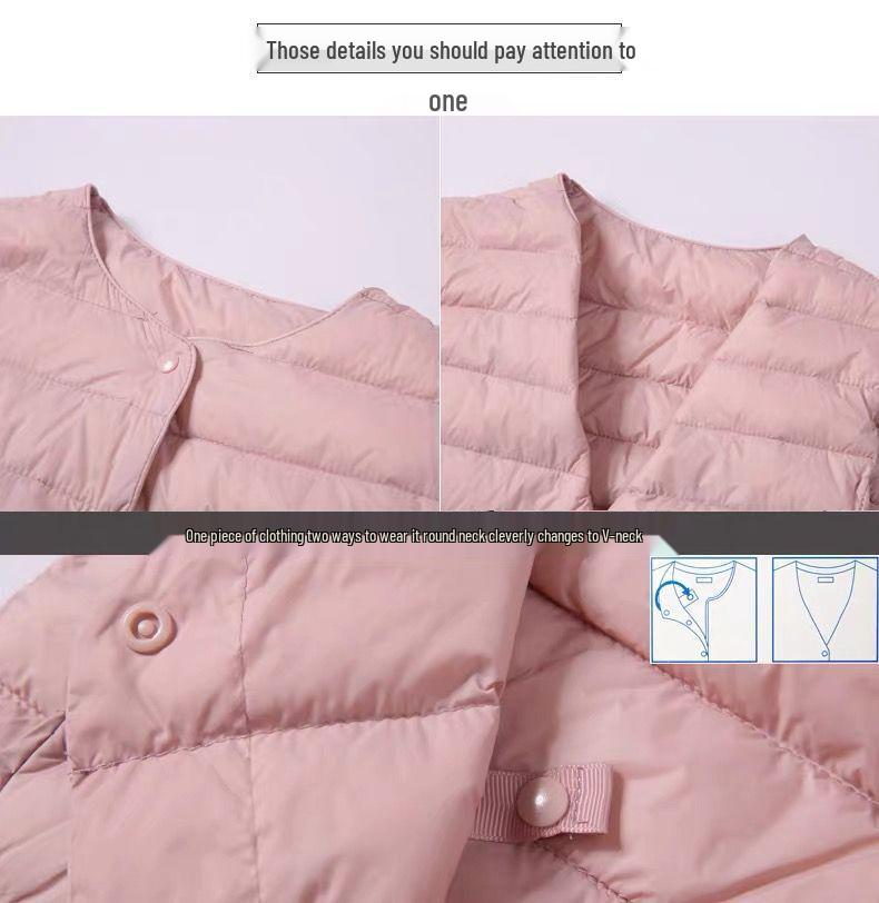 Women's 90% White Duck Down Lightweight Round Neck Jacket, Collarless, Solid Color, Warm & Simple Short Coat for Autumn/Winter.