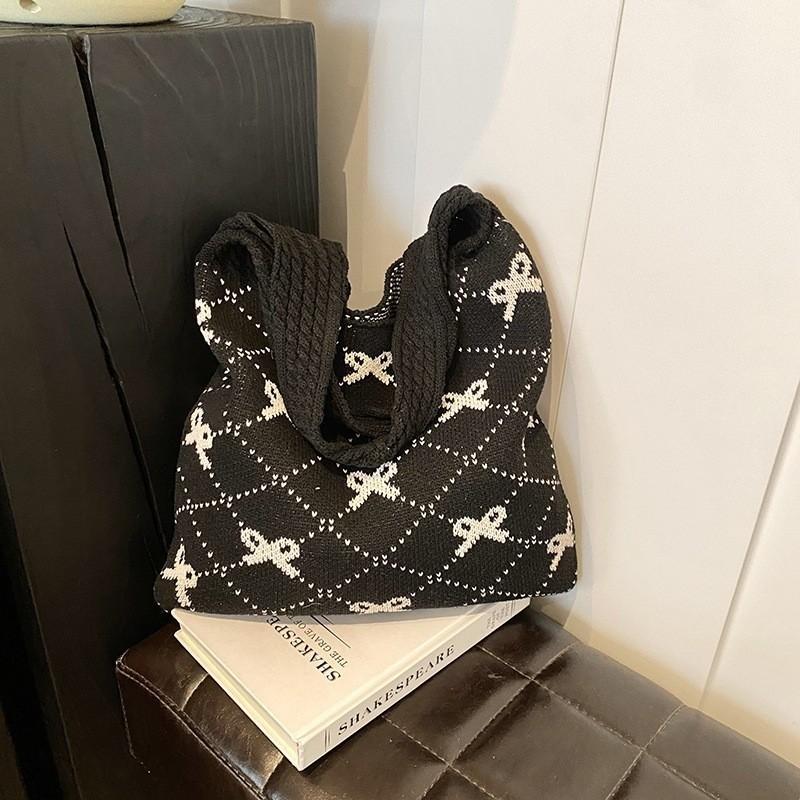 Chegada Nova 2026 Moda Ins Feminina Bolsa Tote de Tricô Grande Capacidade Padrão de Laço Bolsa de Ombro Tecida para Uso Diário