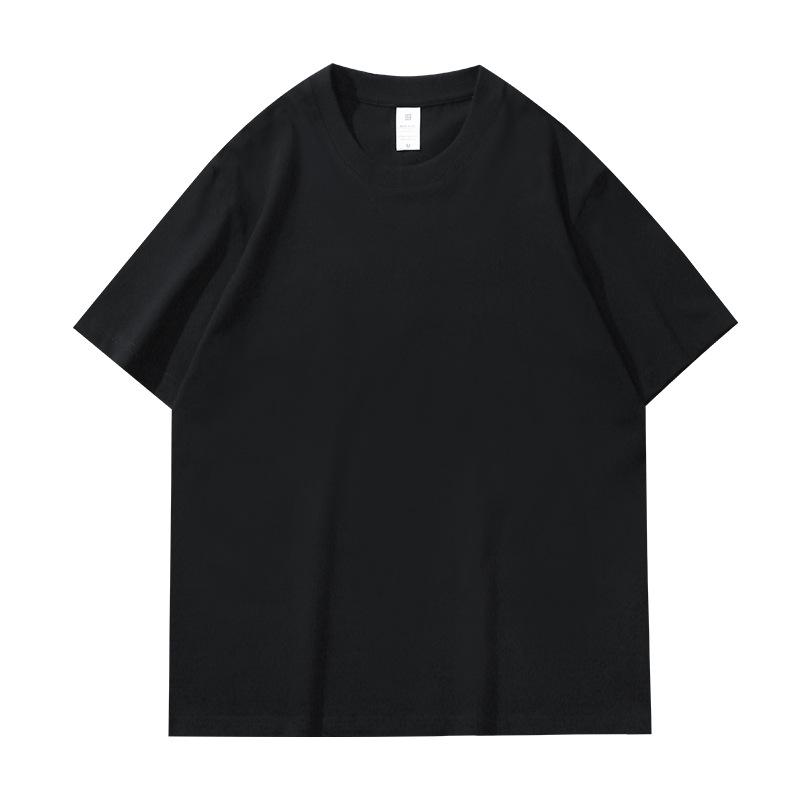 T-shirt bianca girocollo larga da 230g in puro cotone pesante con design versatile e logo stampato personalizzato.