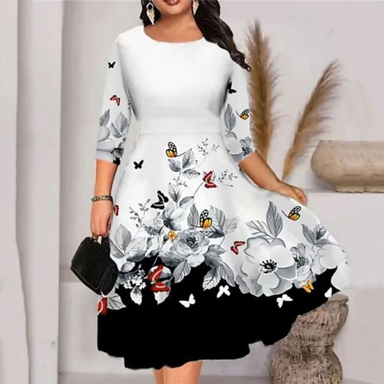 Summer O-neck 45720 Sleeve Midi Dress Butterflies Flower Printing Waist Tight Loose