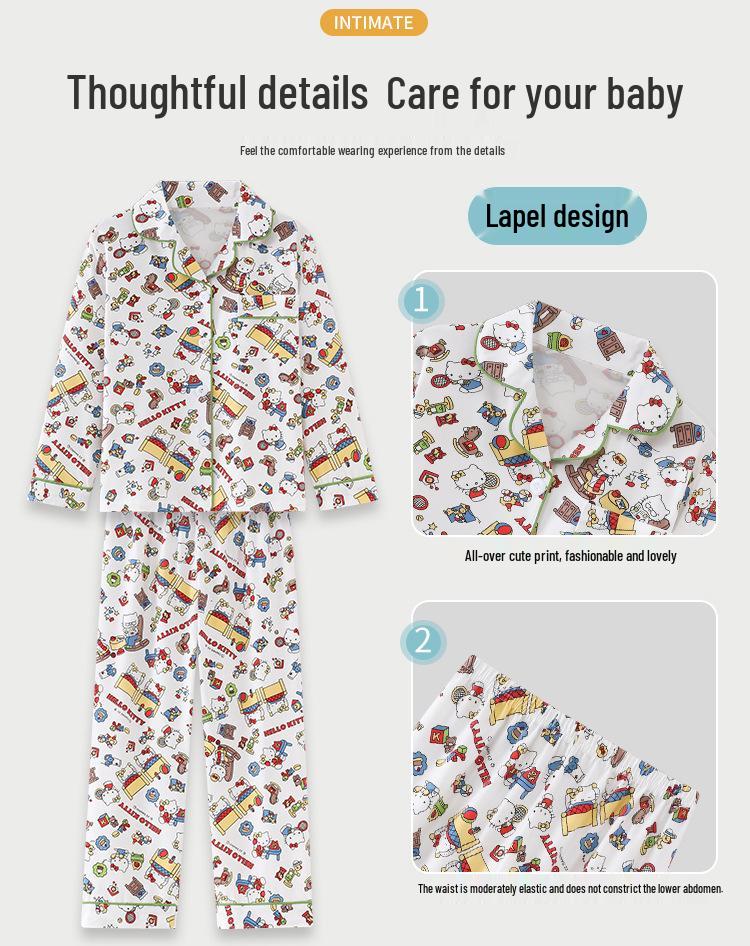 Children's Cartoon Print Pajama Set - Long Sleeve Cardigan with Turn-Down Collar, Imitation Cotton, for Spring and Autumn