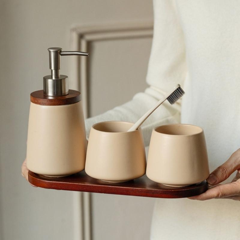 Nordic Design Ceramic Mouthwash Mugs Soap Dispenser Set with Wooden Tray Perfect For Coffee Room Home Toothbrush Storage