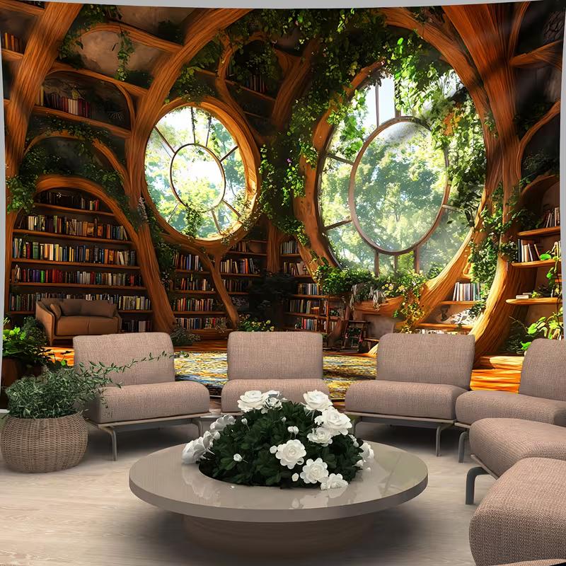 2D Magical Bookshelf Tapestry, Green Vine Forest Library Wall Hanging, Fantasy Reading Room Decor 47.2x31.5inch/120*80cm
