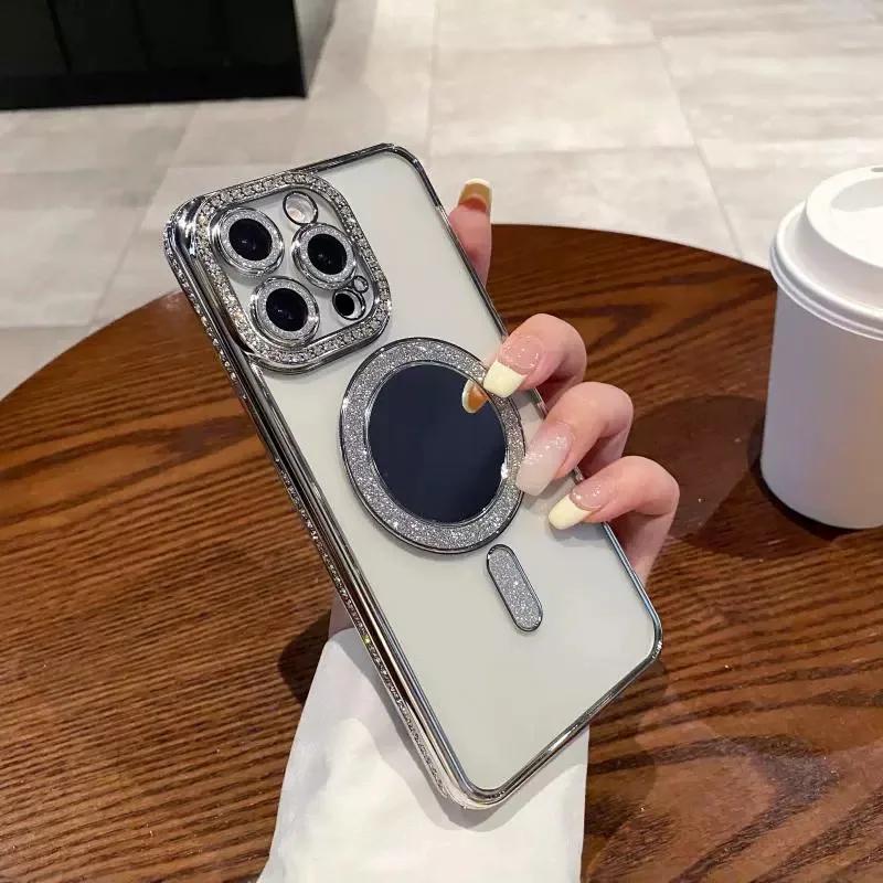 

Роскошный зеркальный чехол с бриллиантами и магнитной зарядкой, мягкий силиконовый чехол для iPhone 16, 15, 14, 13, 12, Pro, Max, Plus, 11, прозрачный, противоударный чехол iPhone 16 Pro Max серебряный