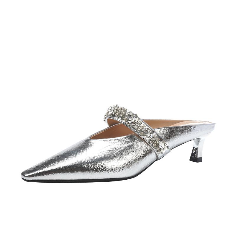 Strasskette mit spitzem mittlerem Absatz Muller Schuhe Damen Stiletto Temperament Halbsandalen hoher Absatz