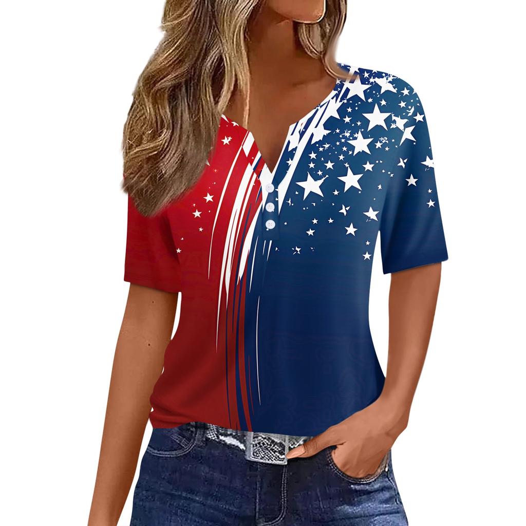 Women's T Shirt Independence Day Print Button Short Sleeve Daily Weekend Fashion Basic V- Neck Regular Top